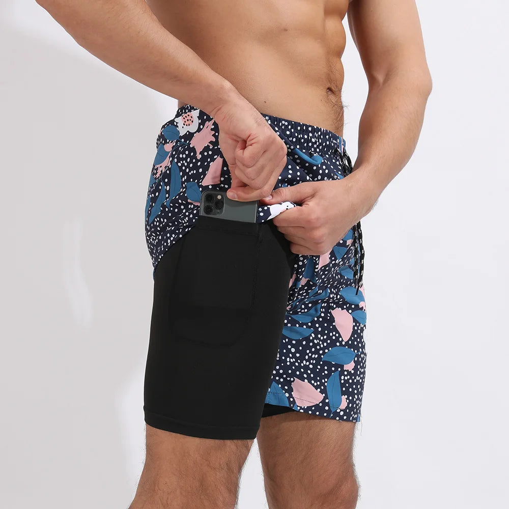 Men Swimwear Summer Gym Beach Shorts Male Quick Dry Sport Swimming Shorts Trunks Sexy Swimsuit 2 In 1 Man Board Shorts Beachwear