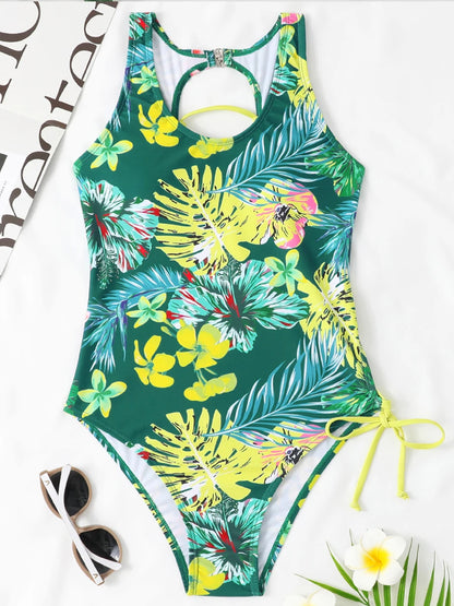Lace Up Back Swimsuit One Piece Printed Swimwear Women Backless Bathing Swimming Suit Female Padded Beachwear Bodysuit