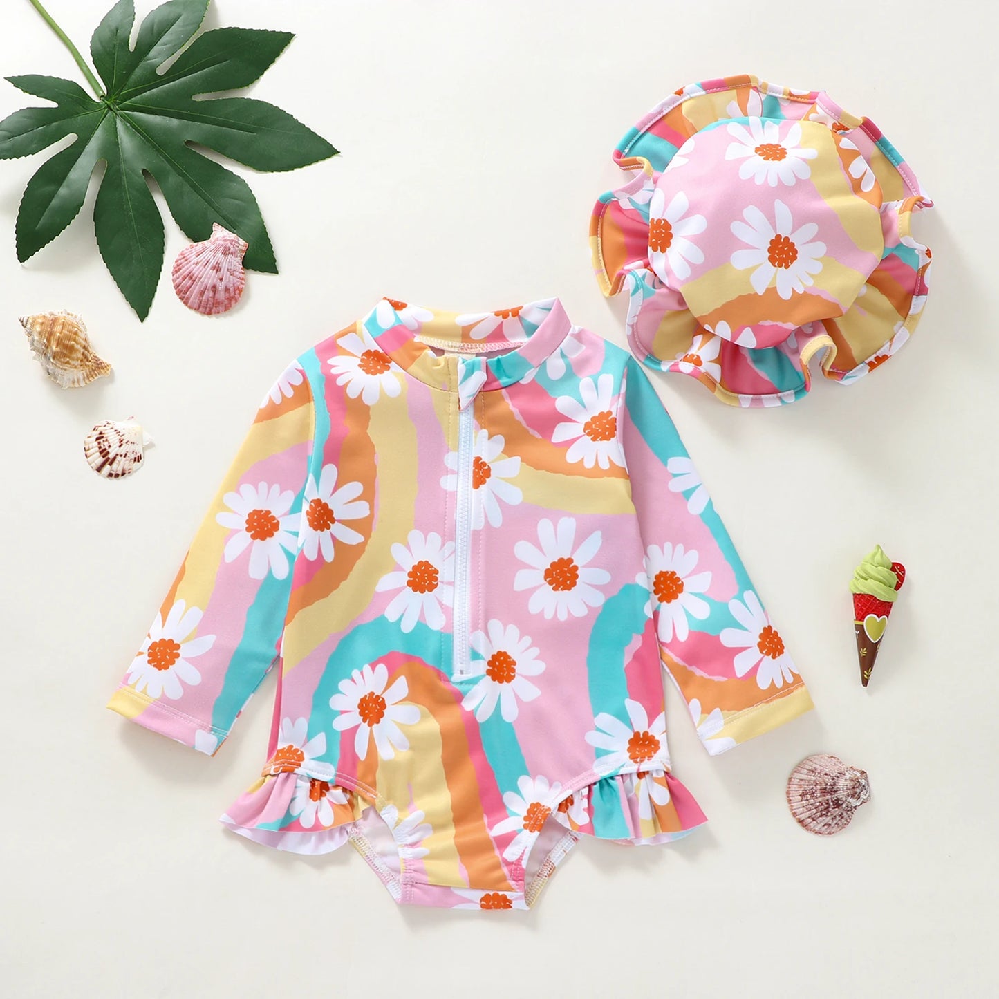 0-4Y Summer Kid Girl Romper Swimsuit 2pcs Long Sleeve Ruffles Flowers Printed Zipper Beach Swimwear + Hat