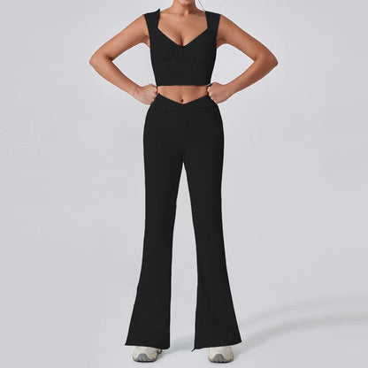 2PCS Women Yoga Set Workout Pant Outfits Fitness Sportswear Gym High Waist Flare Leggings Sports Bra Athletic Tracksuit
