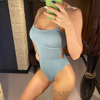 S - XL 11 Colors Ribbed Cut Out One Piece Swimsuit Women Swimwear Female High Leg Cut Padded Bather Bathing Suit Swim Lady