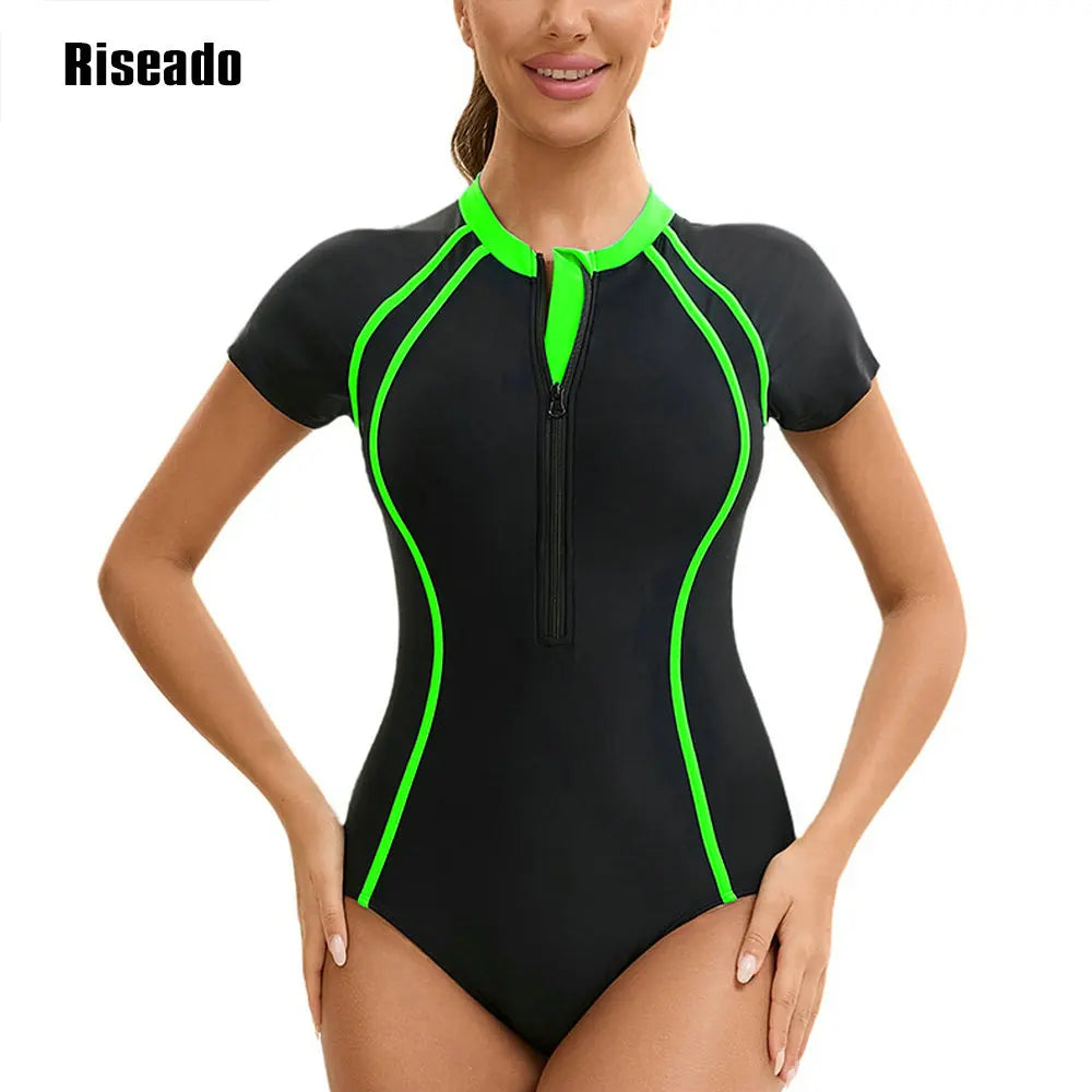 One Piece Swimsuit Mock Neck Zipper Short Sleeve Bathing Suit for Athletic beach clothes for lady