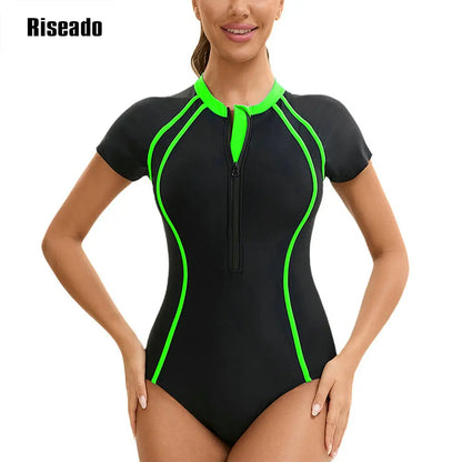 One Piece Swimsuit Mock Neck Zipper Short Sleeve Bathing Suit for Athletic beach clothes for lady