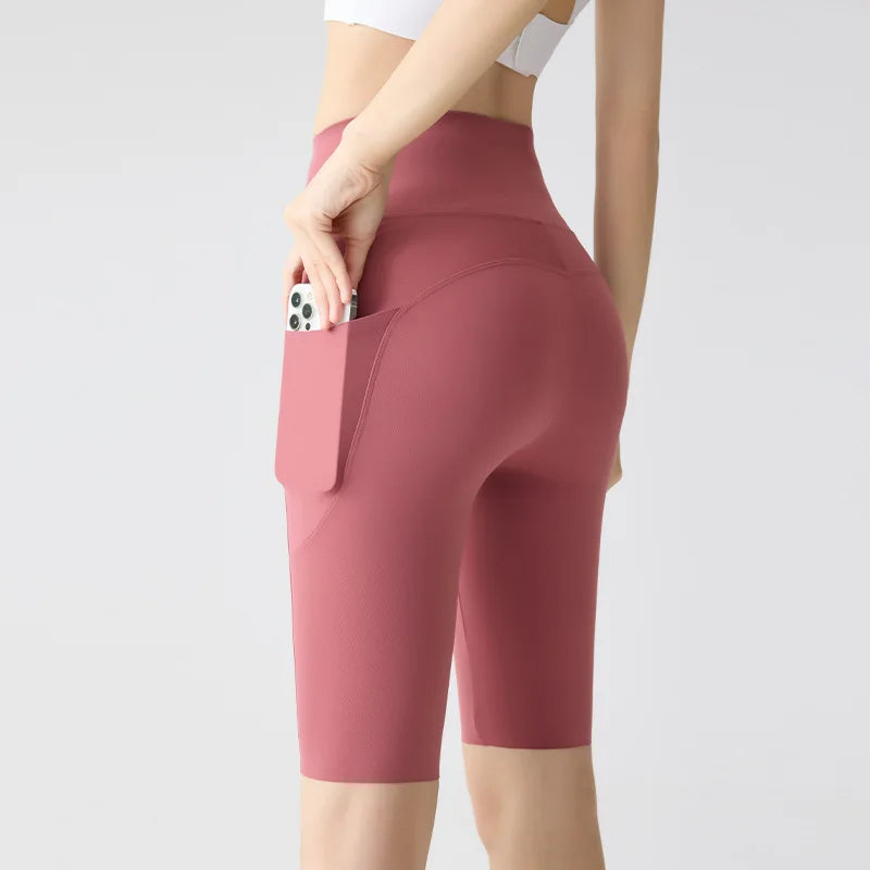 Pocket Yoga Sharkskin Bicycle Shorts Women Thin High Waist Push Up Light Feeling Sports  Fitness Cycling Shorts