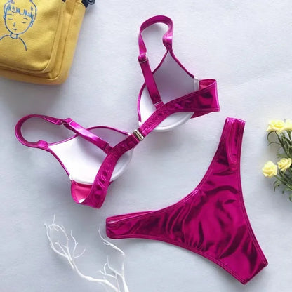 metallic push up micro bikinis sets padded bra bathing suit beach wear women sexy thong bikini reflective shinny swimsuits