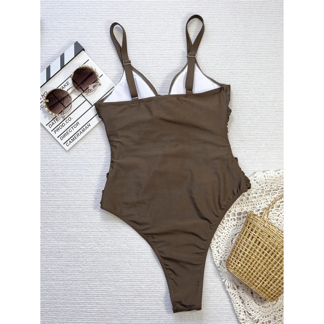 V Neck Knotted Wrinkled High Cut Leg One Piece Swimsuit Women Swimwear Female Padded Monokini Bather Bathing Suit Swim