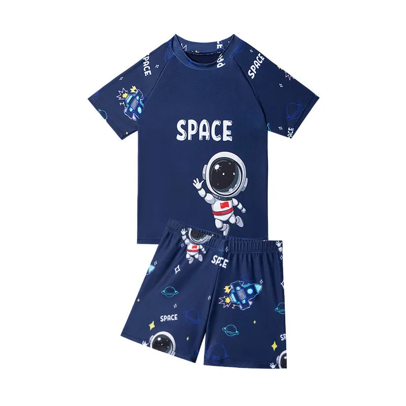 Printed Astronaut Swimsuit for Boys, Small Spaceship, Teenage Children's Two Piece Swim Suit, Student Training Swimwear, 2-14Y
