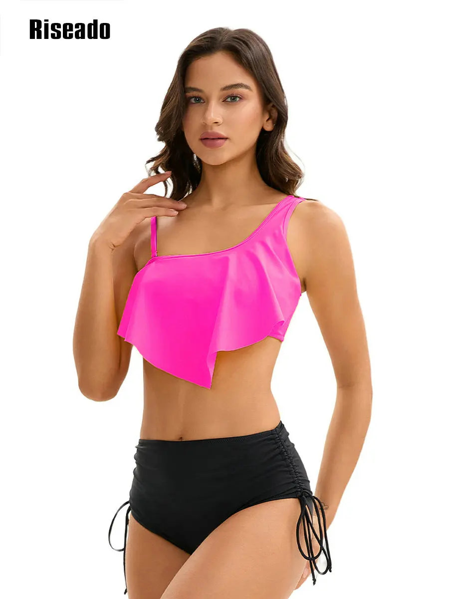 Ruffle Bikinis for Women Scoop Neck Swimsuits Lace Up One Shoulder Bikini Sets High Waist 2 Piece Bathing Suits