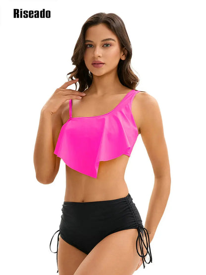Ruffle Bikinis for Women Scoop Neck Swimsuits Lace Up One Shoulder Bikini Sets High Waist 2 Piece Bathing Suits