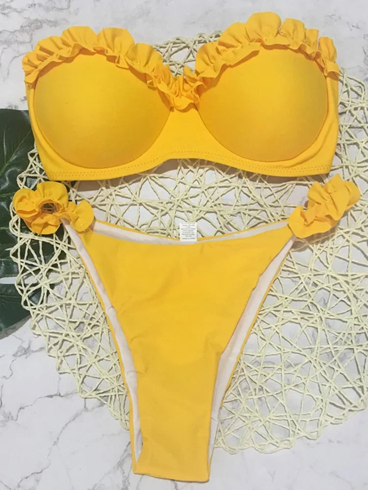 Ruffled Frilled Bra Cup Bikini Women Bandeau Swimsuit Female Swimwear Two Pieces Bikini Set Push Up Bathing Suit Swim