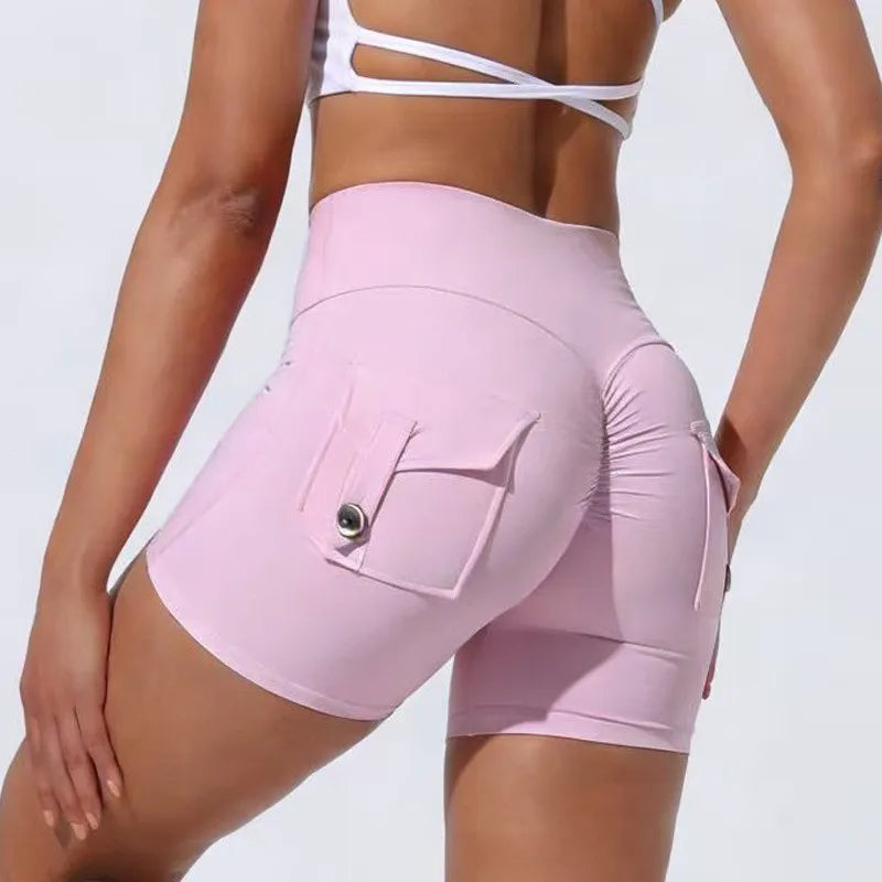 Scrunch Women Button Booty Pocket Sports Yoga Shorts Cycling Jogging Fitness High Waist Squat Proof Gym Active Leggings