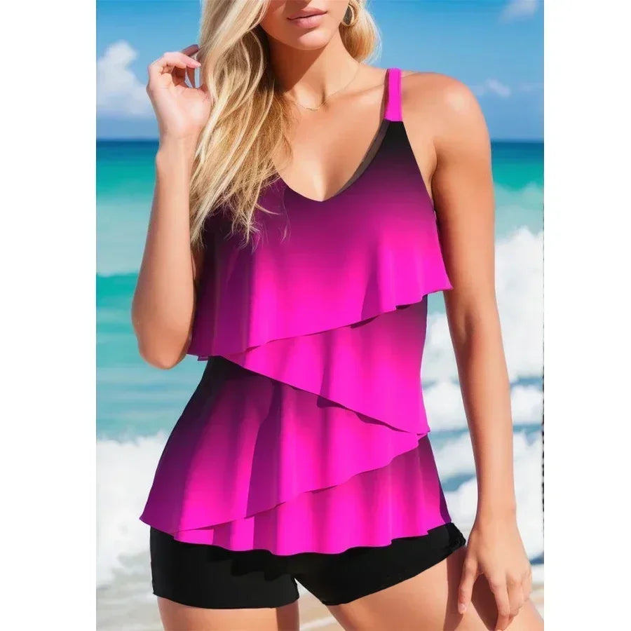 Comfortable Summer Women's Vacation Swimsuit with Rose Red Gradient Ruffle Edge Two-piece Set S-6XL