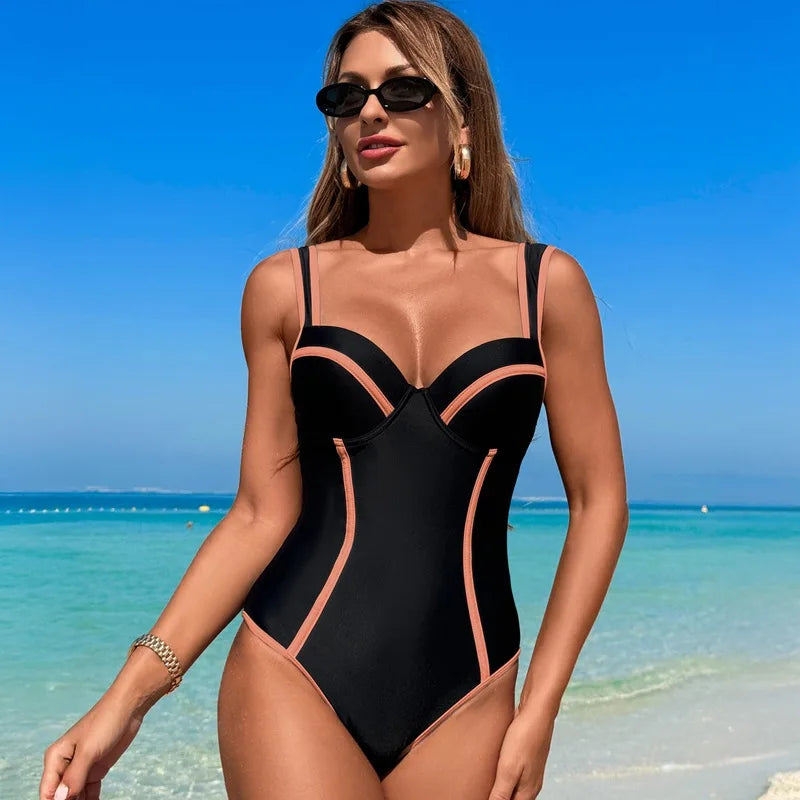 Vintage Black White Patchwork One Piece Swimsuit Women Halter Push Up Underwire Slim Bathing Suit Backless Holiday Swimwear