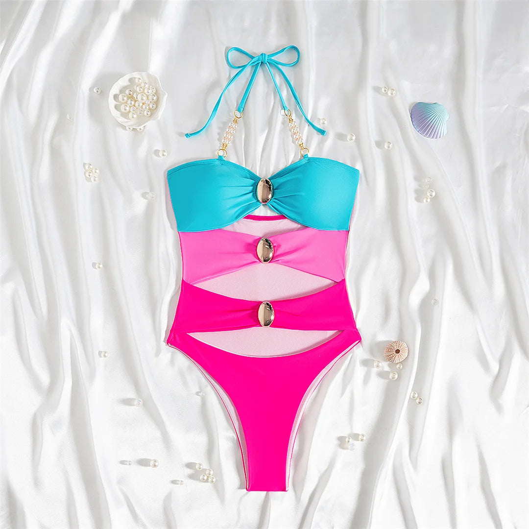 Splicing Halter Cut Out Metal Rings Women Swimwear One Piece Swimsuit Female High Leg Cut Padded Bather Bathing Suit Swim