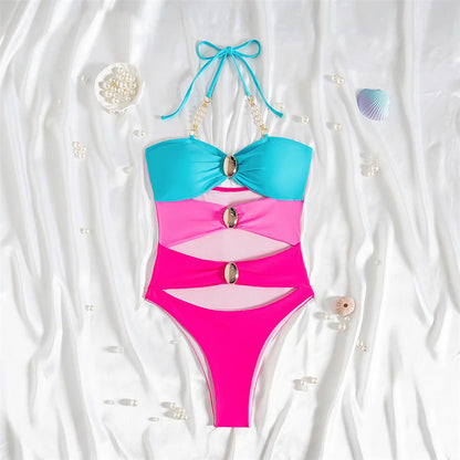 Splicing Halter Cut Out Metal Rings Women Swimwear One Piece Swimsuit Female High Leg Cut Padded Bather Bathing Suit Swim