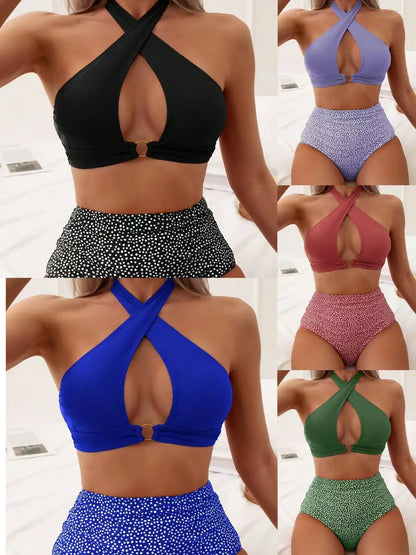 Women Push Up Bikini Dot High Waist Swimsuit Women Criss Cross Bandage Bikini Set Female Beachwear Bathing Suit Biquini