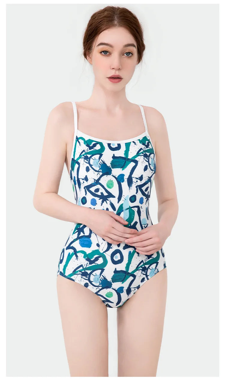 Women Vintage Racing One-piece Swimwear Sun Protection Professional Competition Flower Printed Swimsuit Training Bikini