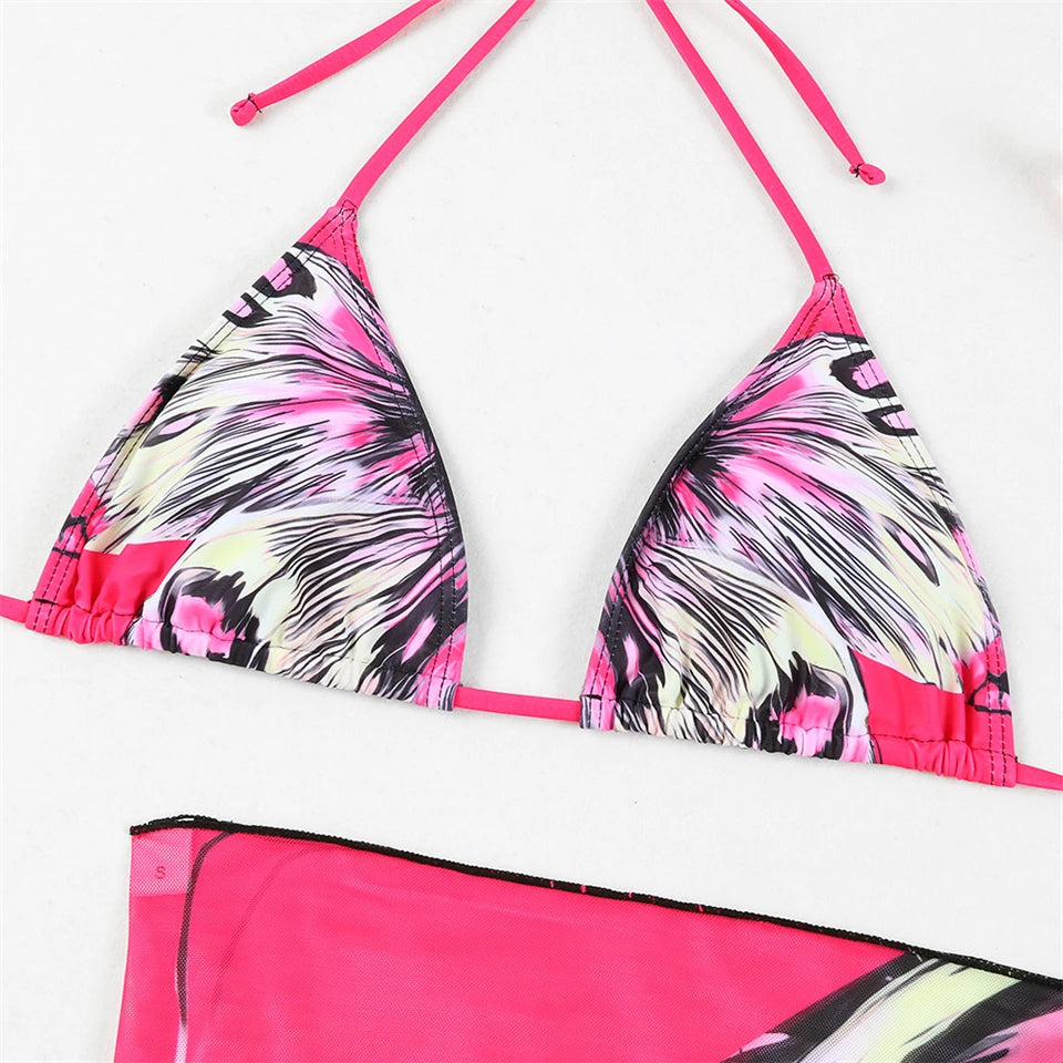 3 Pieces Bikini With Beach Skirt Butterfly Print String Bathing Suit Women Swimwear Female Swimming Swimsuit