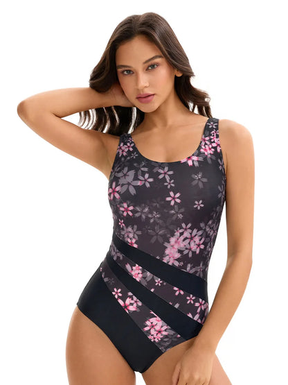 Triangle One-Piece Swimsuit with UPF 50+ Sun Protection Backless Printed Monokini Bathers Flowers