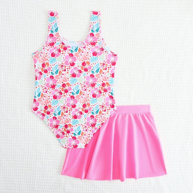 Girls Swimsuit One Piece With Beach Skirt Floral Printed Kids Swimwear Pink Children Swimming Bathing Swim Suit Beachwear
