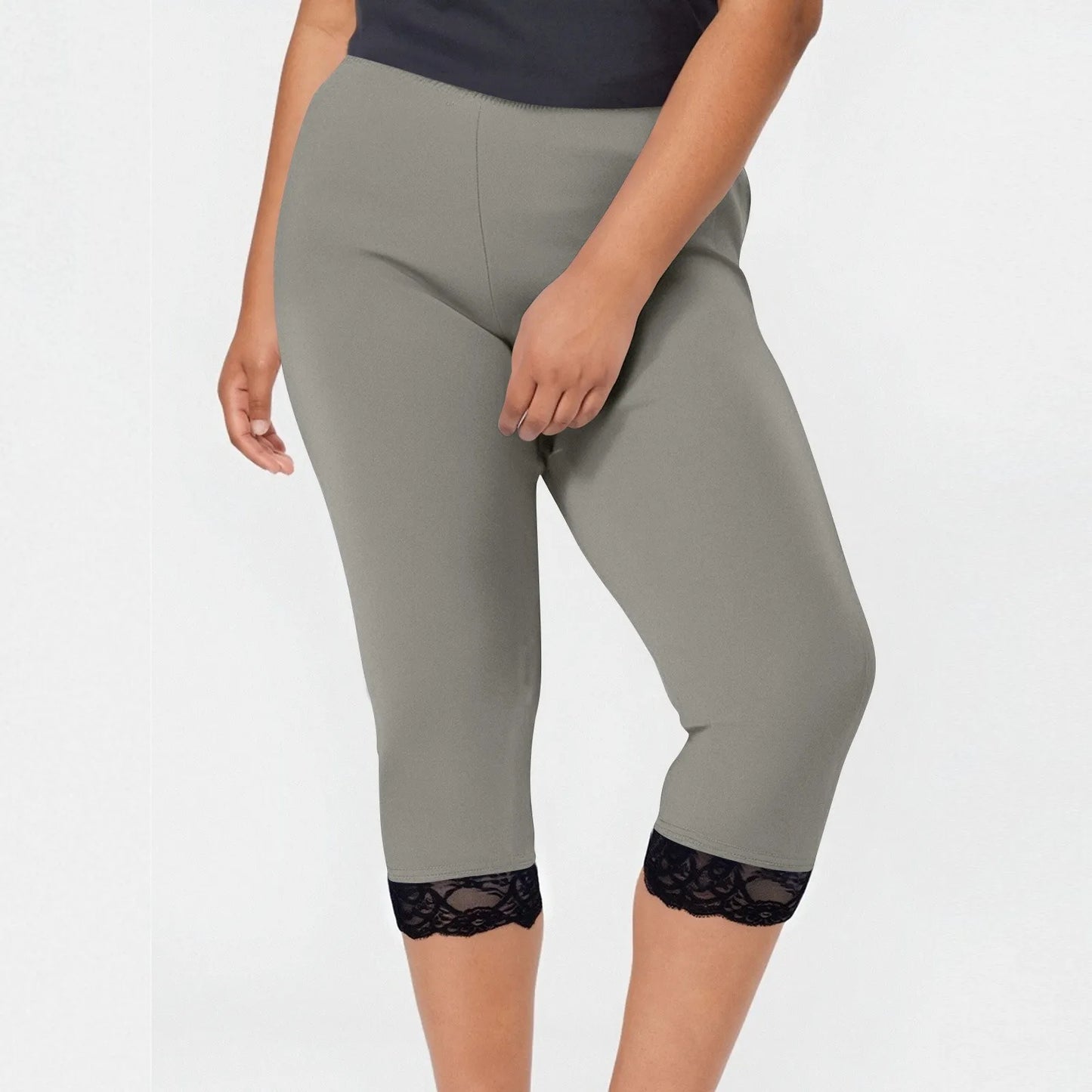 Plus size yoga pants women's fashion large solid color lace splicing bottom pants with elastic waist sports cropped pants