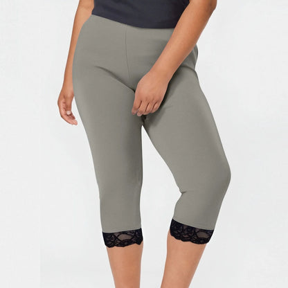 Plus size yoga pants women's fashion large solid color lace splicing bottom pants with elastic waist sports cropped pants