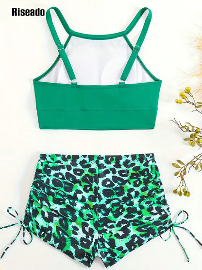 High Waisted Bikinis for Women High Neck Sporty Racerback Crop Top Swimsuit High Cut Two Piece Green Leopard Bathing Suit