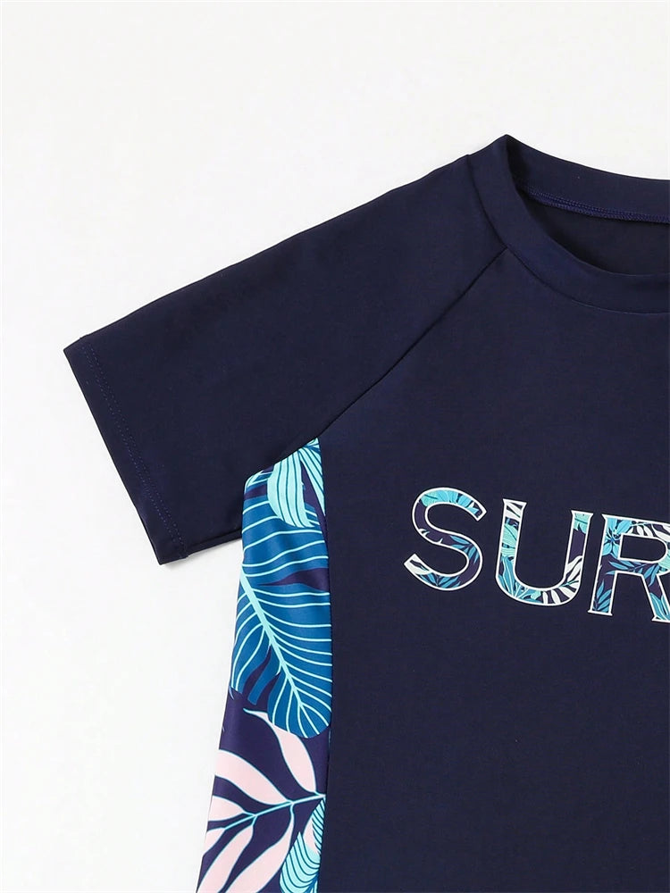 Boys' Blue Tropical-Print Short-Sleeve Rash Guard & Shorts Set