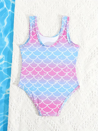 Cartoon mermaid tail and scale print one-piece swimsuit for young girls Chest Pad