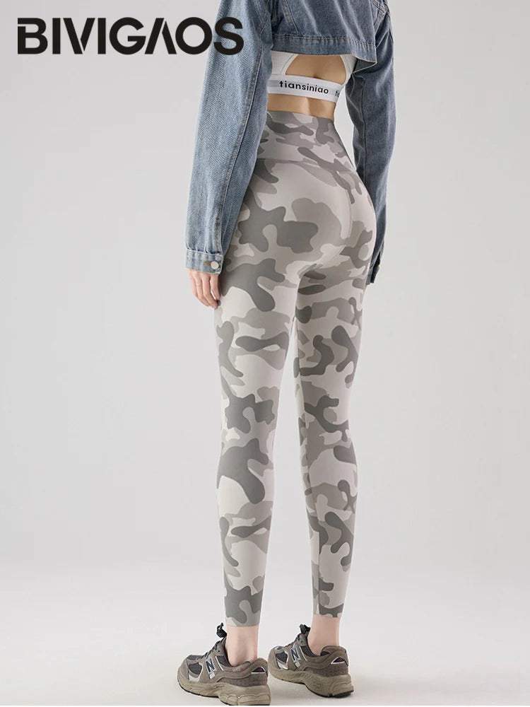 BIVIGAOS Spring Summer Seamless Camouflage Sharkskin Leggings Women Fashion High Waist Casual Sports Tights Fitness Leggings