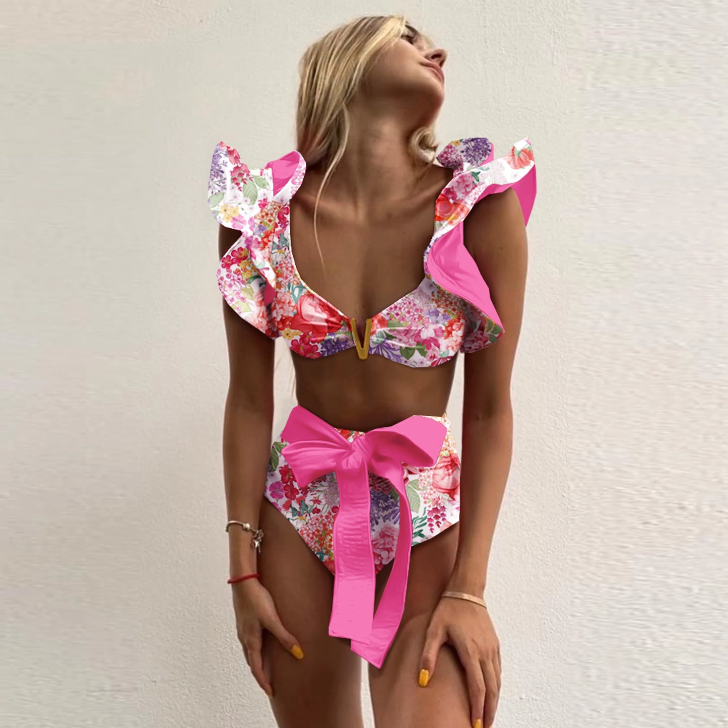 Print Bikini Women Swimwear Push Up Swimsuit High Waist Bikini Halter Backless Bathing Suit Ruffle Beach Wear Summer
