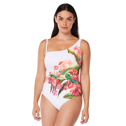 Plus Size Elegance One Piece Swimwear Women Flower Print Swimsuit One Shoulder Bathing Suit Beachwear Monokini