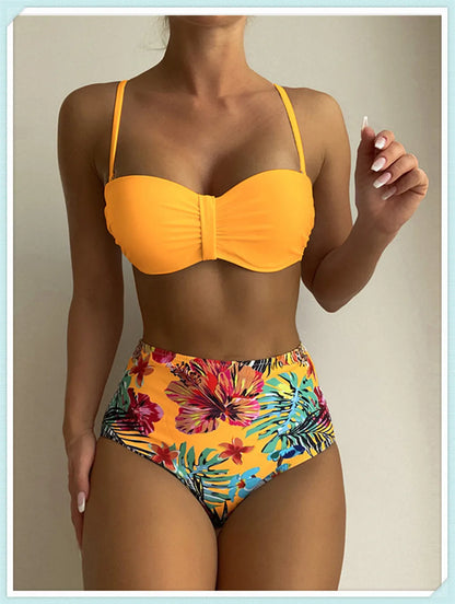 Solid Bandeau Bikini Set Women Tropical Printed Swimwear Female Push Up Swimsuit High Waist Bathing Suit Tie Back Beachwear