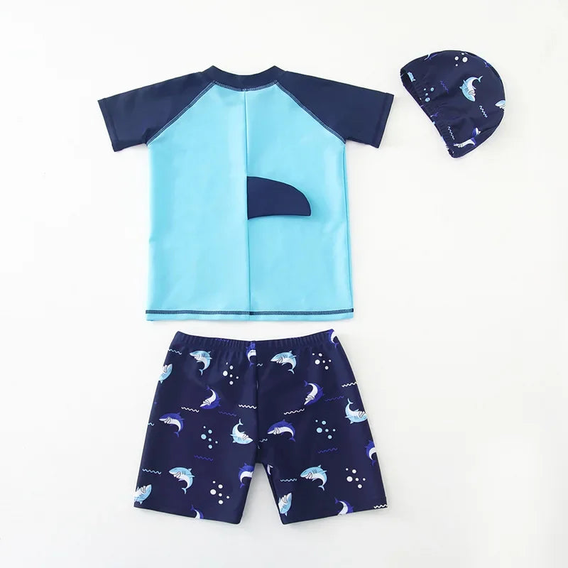 Children's Cartoon Shark Short Sleeve Split Swimwear with Swim Cap, Sun Protection Beach Wear, Baby Boys Swimsuit