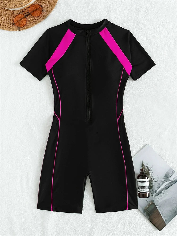 One Piece Swimsuit Women  Black Short Sleeves Zippers Swimwear Boxer Shorts Bodysuit Monokini Beach Bathing Suit Female