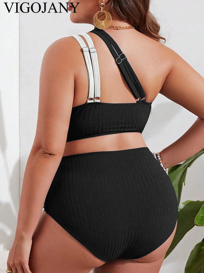 Solid Patchwork 2 Piece Plus Size Bikini Women One Shoulder Push UP Large Swimsuit Backless  Bathing Suit