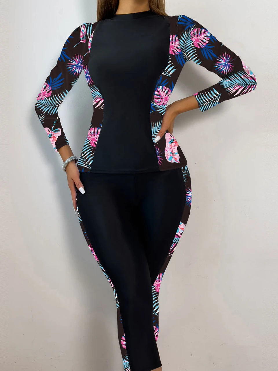 Floral Swimsuit Women Two Piece Surfing Long Sleeve And Pants Swimwear Female Beachwear Bathers Bathing Swimming Swim Suit