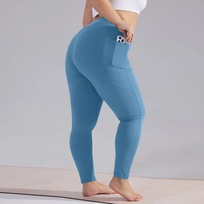 Plus size yoga pants women high waisted hip lift athletic leggings slim sports capri pants with pockets solid color sweatpants