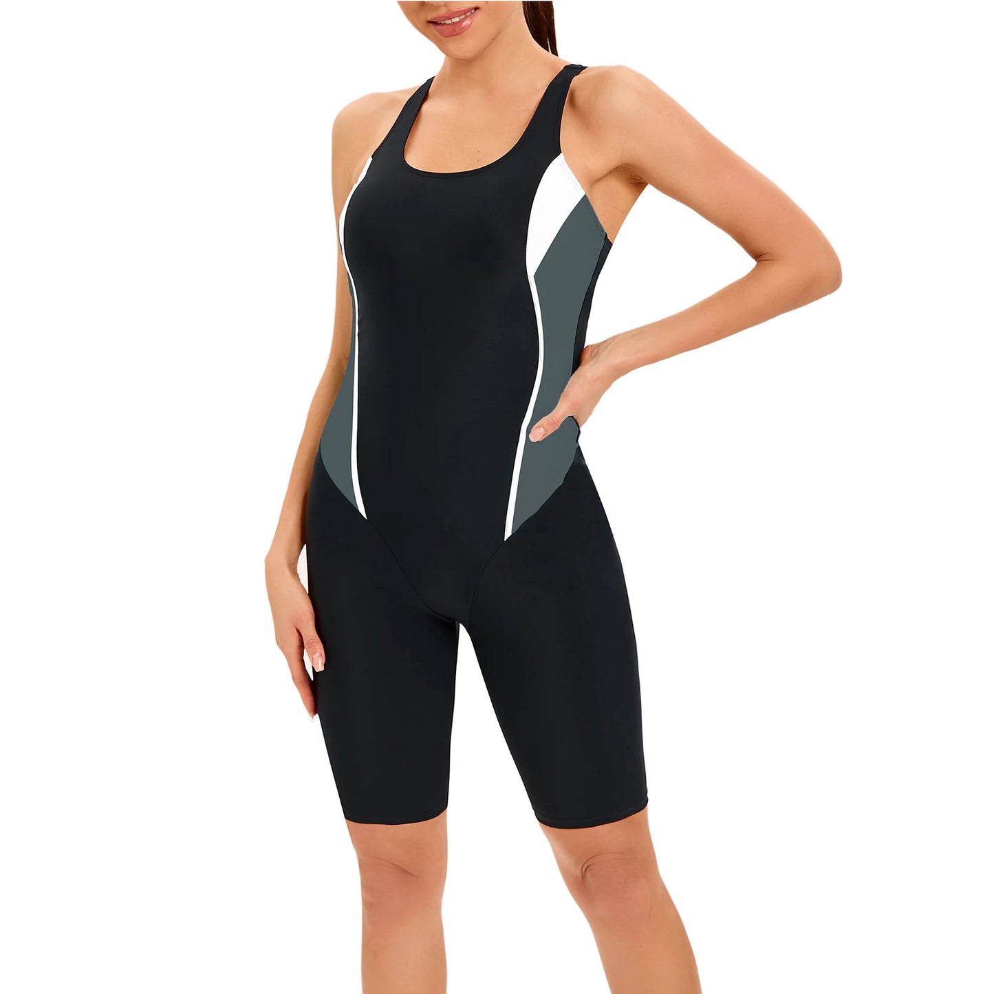 Womens One-piece Swimsuit Scoop Neck Sleeveless Hollow Back Patchwork Sport Athletic Training Beachwear Swimwear Bathing Suit