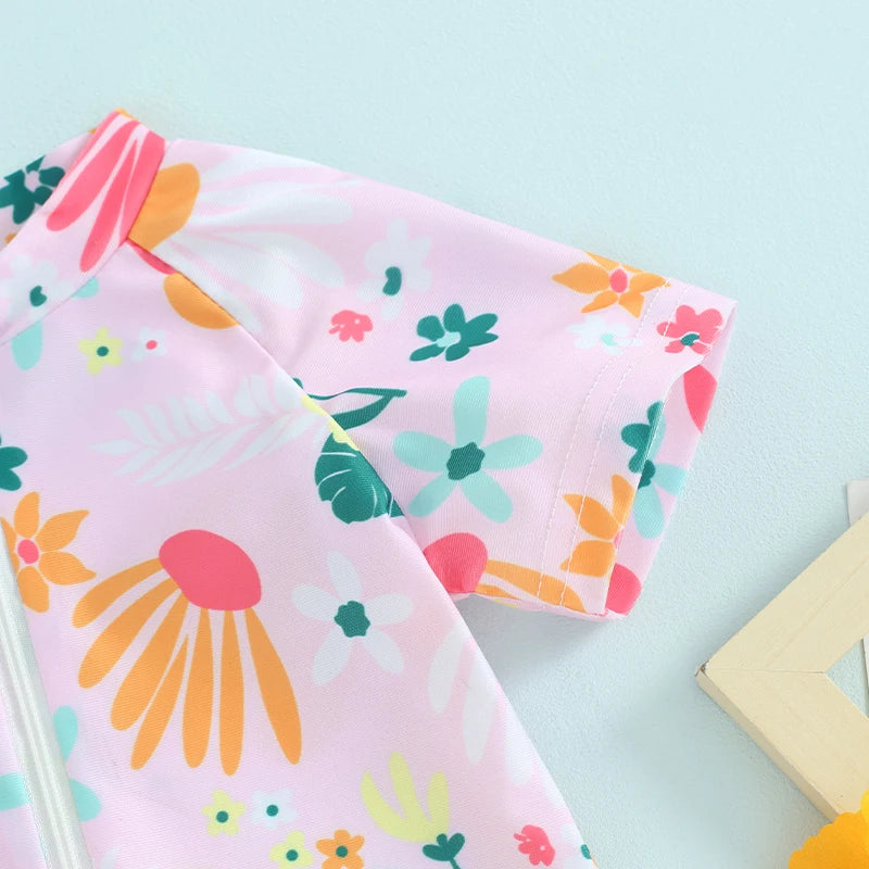 Toddler Girls Rash Guard Swimsuit Rompers Zipper Short Sleeve Floral Print Kids Bathing Suit Baby Swimwear