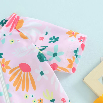 Toddler Girls Rash Guard Swimsuit Rompers Zipper Short Sleeve Floral Print Kids Bathing Suit Baby Swimwear