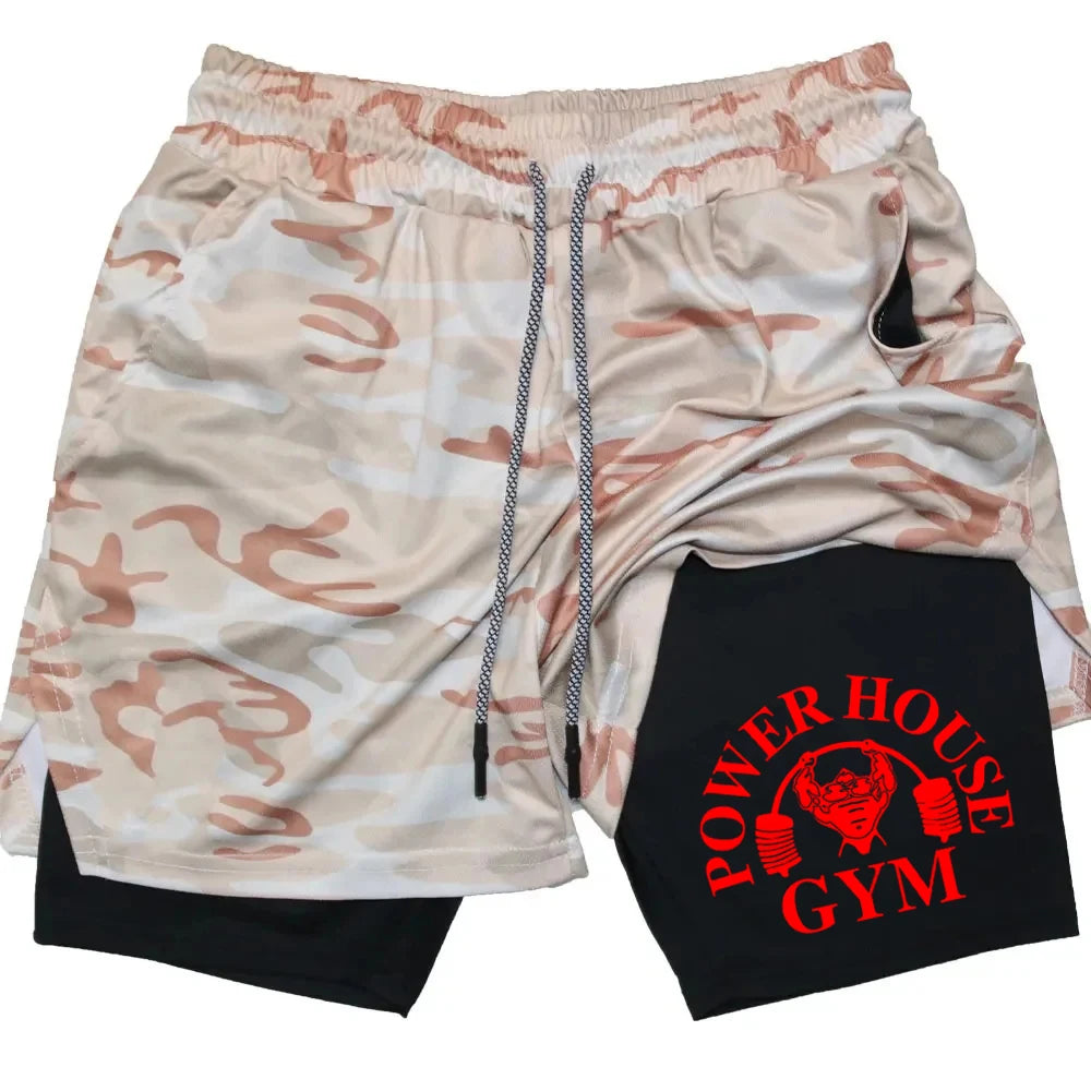 Camouflage running shorts for men's gym sports shorts 2-in-1 quick drying exercise training gym fitness jogging shorts for summer