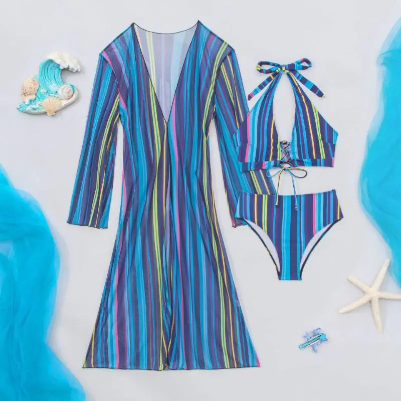 Striped Swimsuit Three Piece Cover Up Bikinis Set Summer Beach Swimwear Bathing Suit For Women
