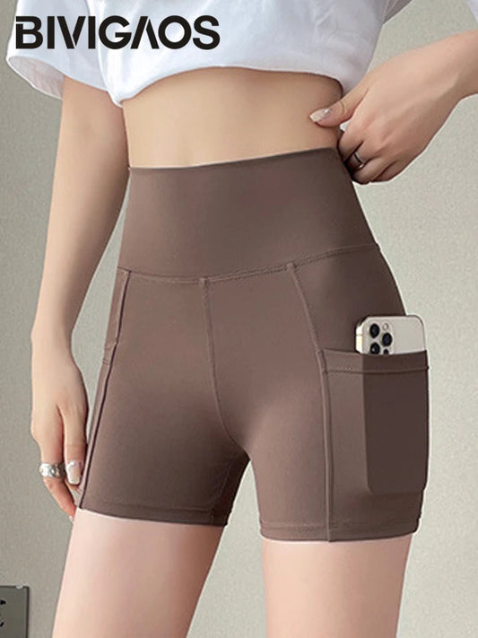 Summer Pocket Mini Shark Shorts Women Multi-Color Thin Yoga Short Leggings High Waist Slim Sport Running Cycling Shorts