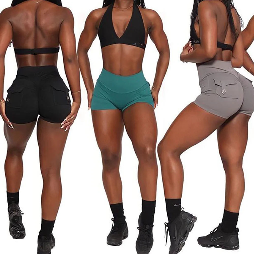 Scrunch Women Button Booty Pocket Sports Yoga Shorts Cycling Jogging Fitness High Waist Squat Proof Gym Active Leggings