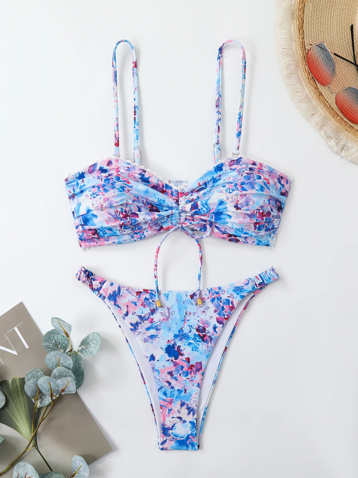 Women's Floral Strappy Bikini Set with Bow Detail
