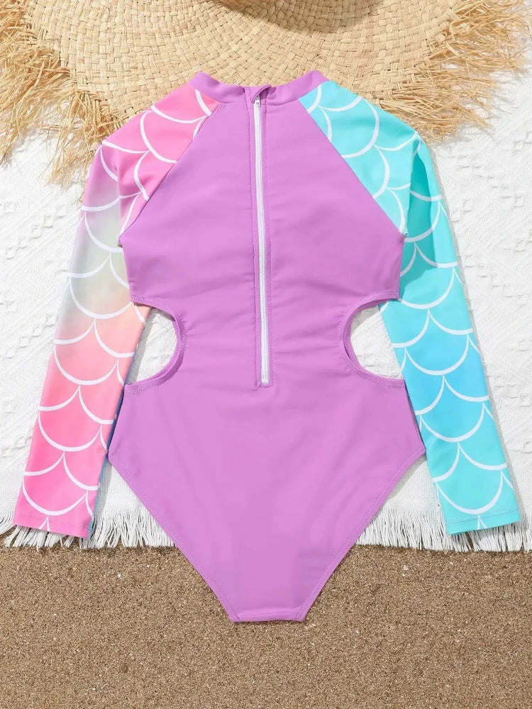 Girls One Piece Swimsuit with Long Sleeve Purple Blue Cut Out 7-12 Years Children's Swimwear Teens Bathing Suits for Kids