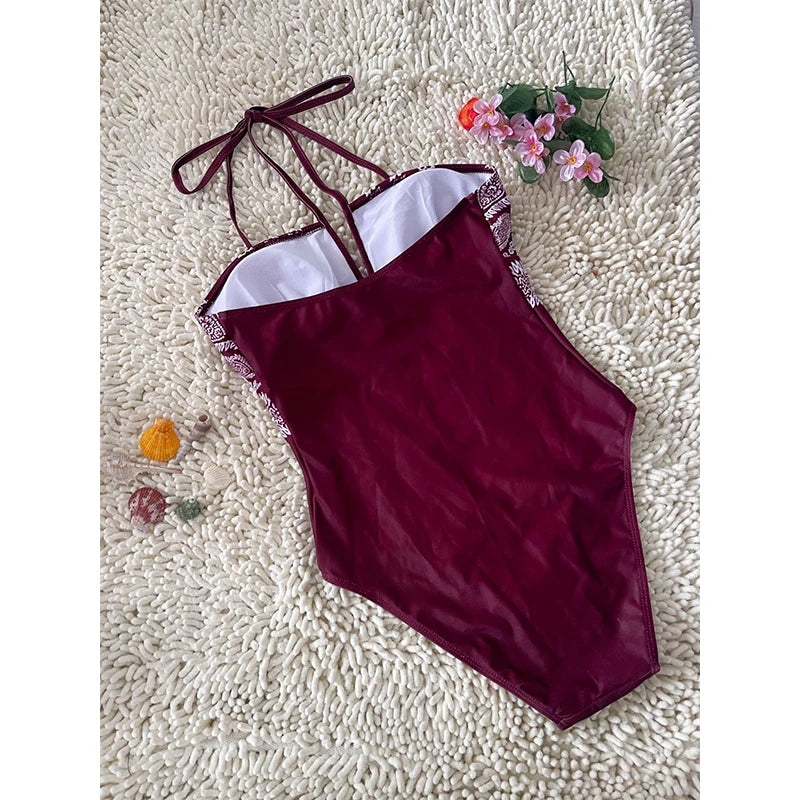 Women's Fashion Retro Printed One-piece Swimsuit Neck Hanging Backless Swimming Suit Summer Pool Beach Holiday Swimwear