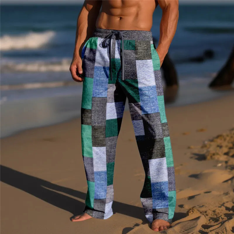Plaid Color Block Men's Resort 3D Printed Casual Pants Trousers Elastic Waist Fit Straight-Leg Pant Summer Beach Pants 5XL