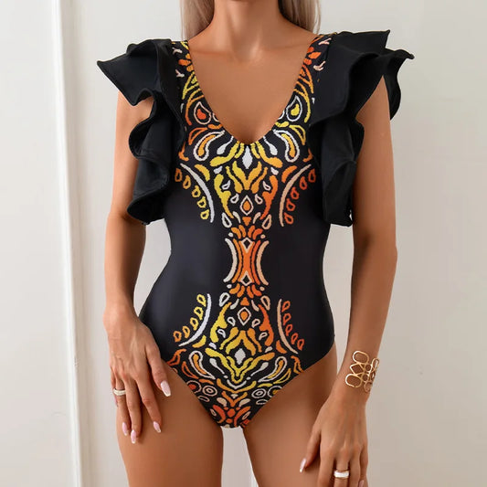 Ruffle Printed Swimsuit Women One Piece Backless Swimwear Female V-neck Beachwear Bathers Bathing Swimming Swim Suit